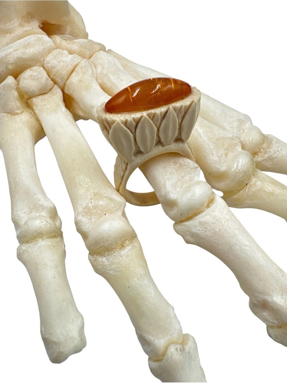 Custom Fossilized Mammoth Ivory & Amber Cocktail Ring 8.25